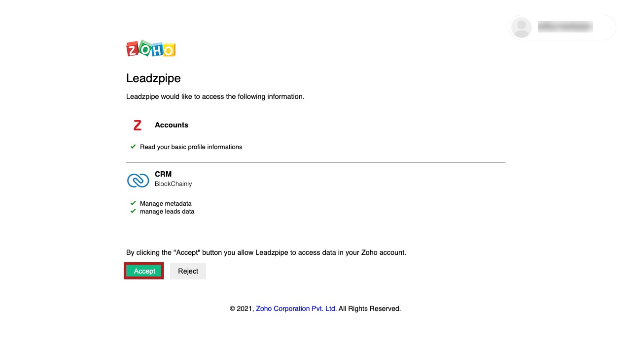 Allowing Zoho CRM to connect with Leadzpipe