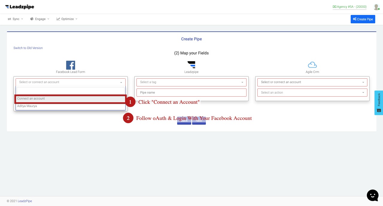 Select or Connect Facebook Account From Leadzpipe