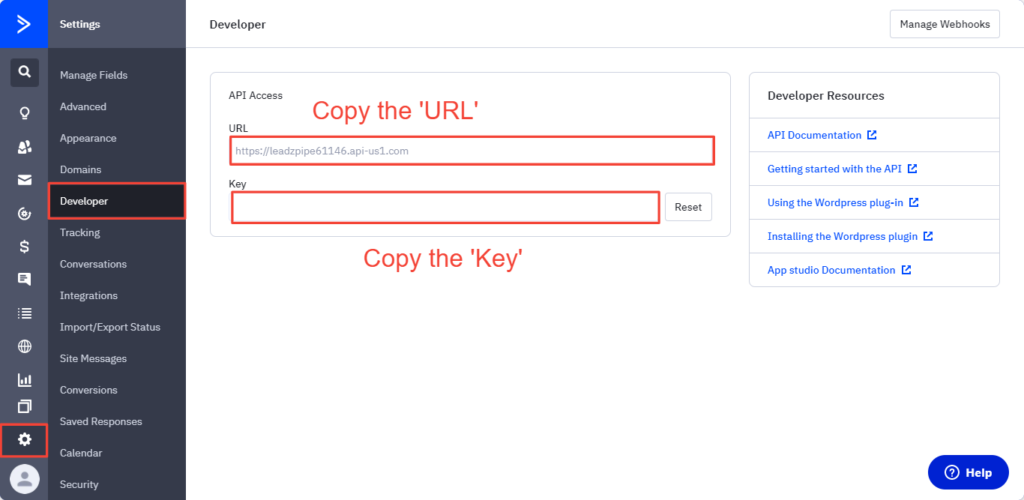 Copy the 'URL' and the 'Key'